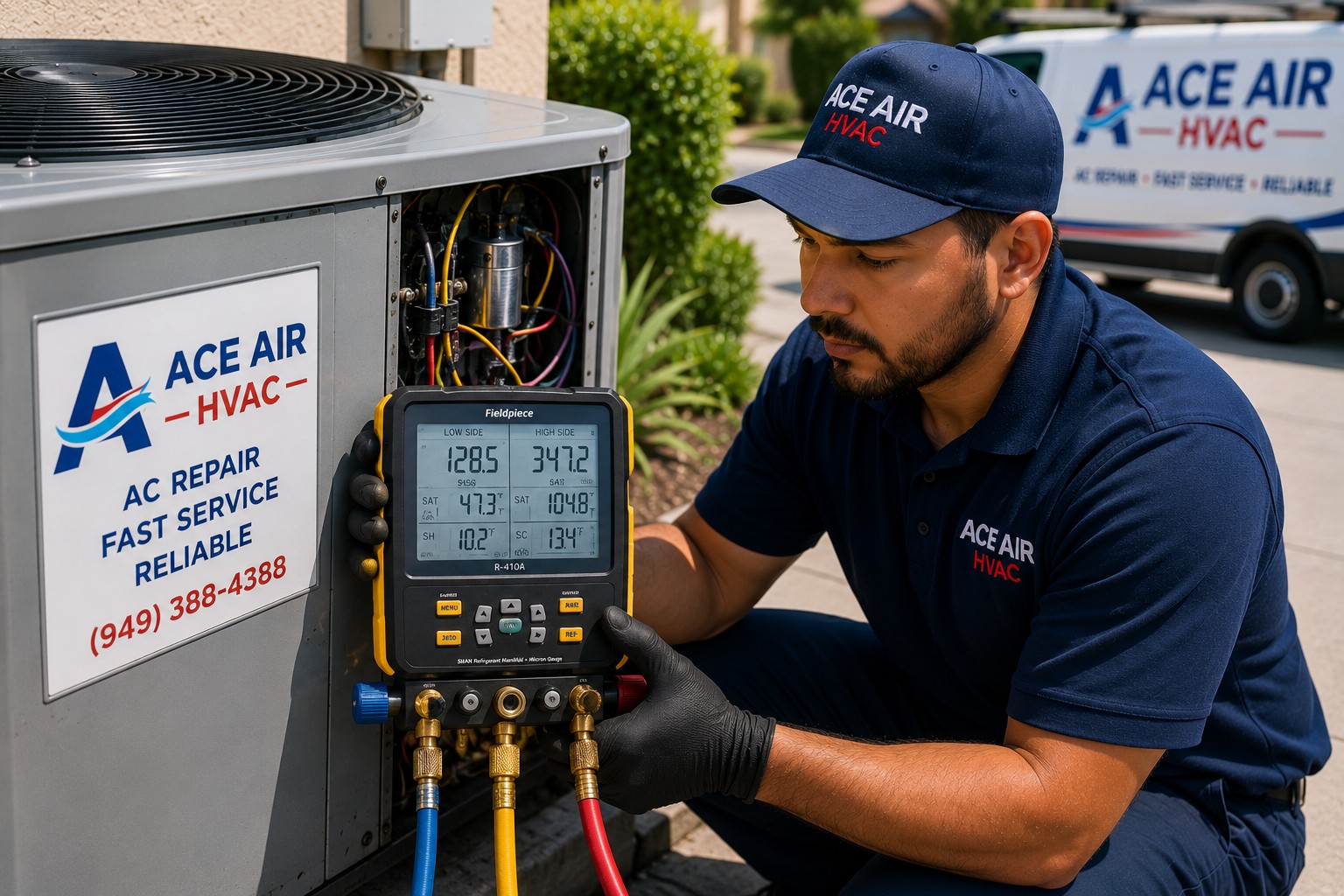 Ace Air technician diagnosing an outdoor AC system