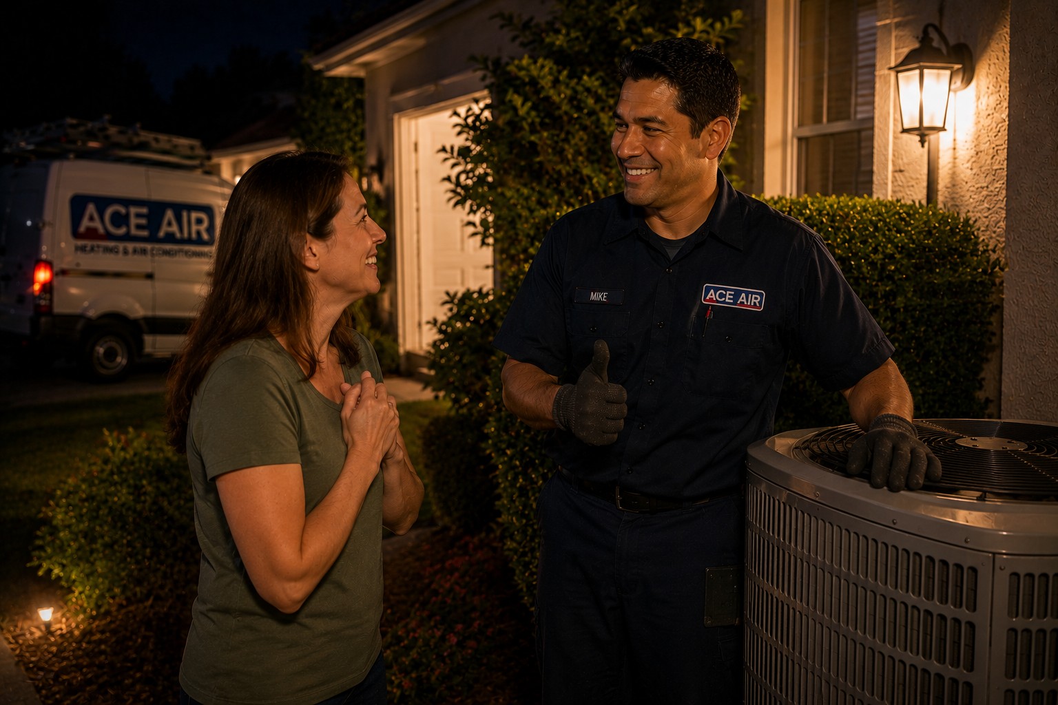 Ace Air technician explaining emergency AC repair options to a homeowner