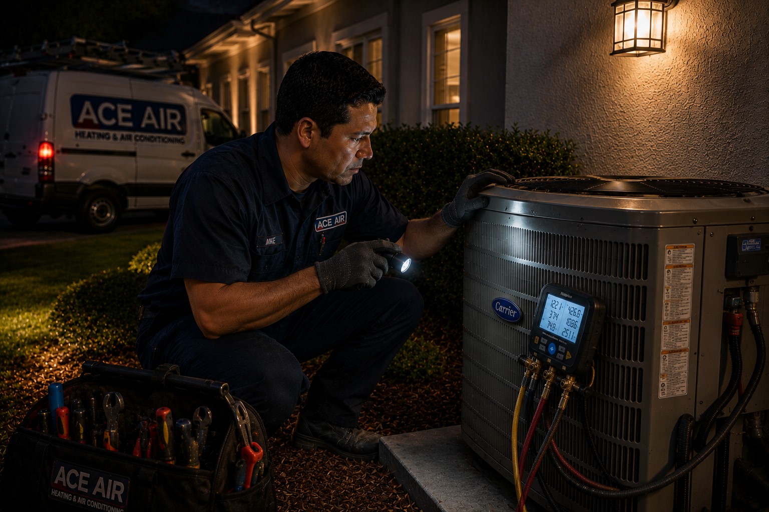 Ace Air technician completing emergency AC repair after approval at night