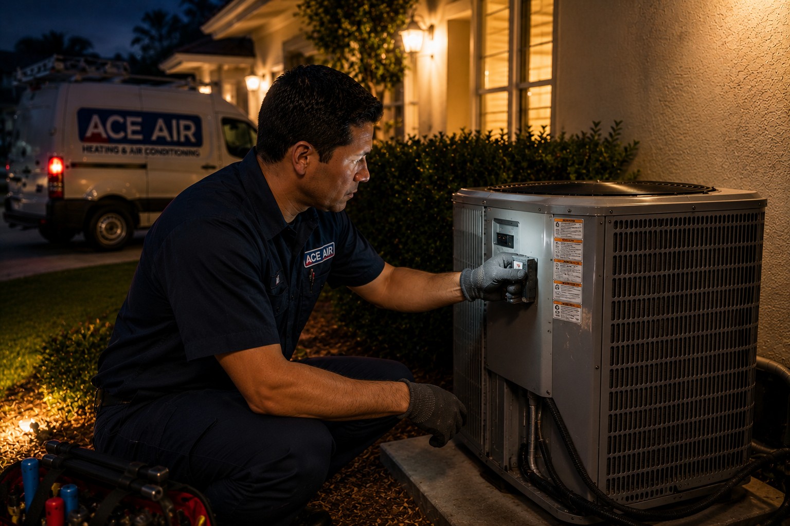 Ace Air technician performing emergency AC repair at night