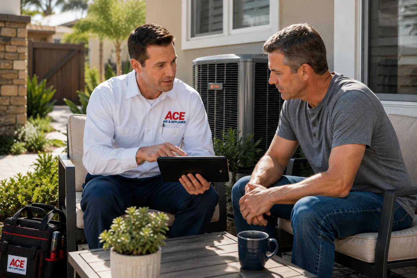 Ace Air HVAC technician explaining diagnostic findings and repair options to an Orange County homeowner