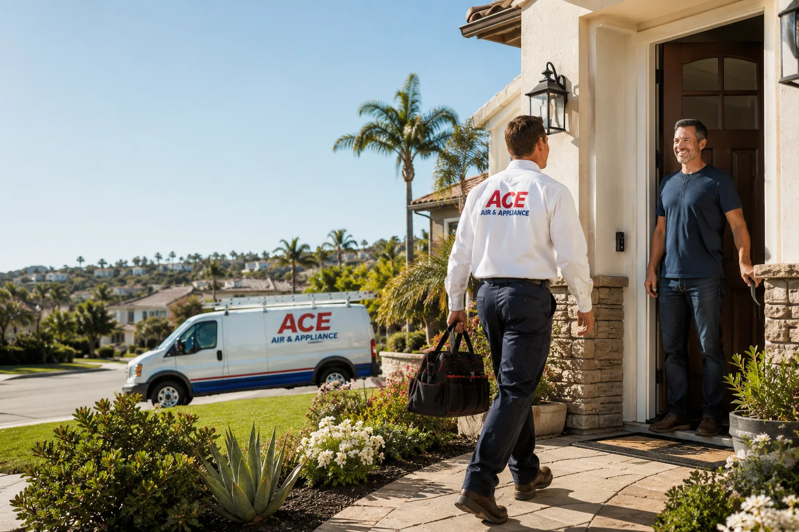 Ace Air HVAC technician arriving at an Orange County home for a repair appointment