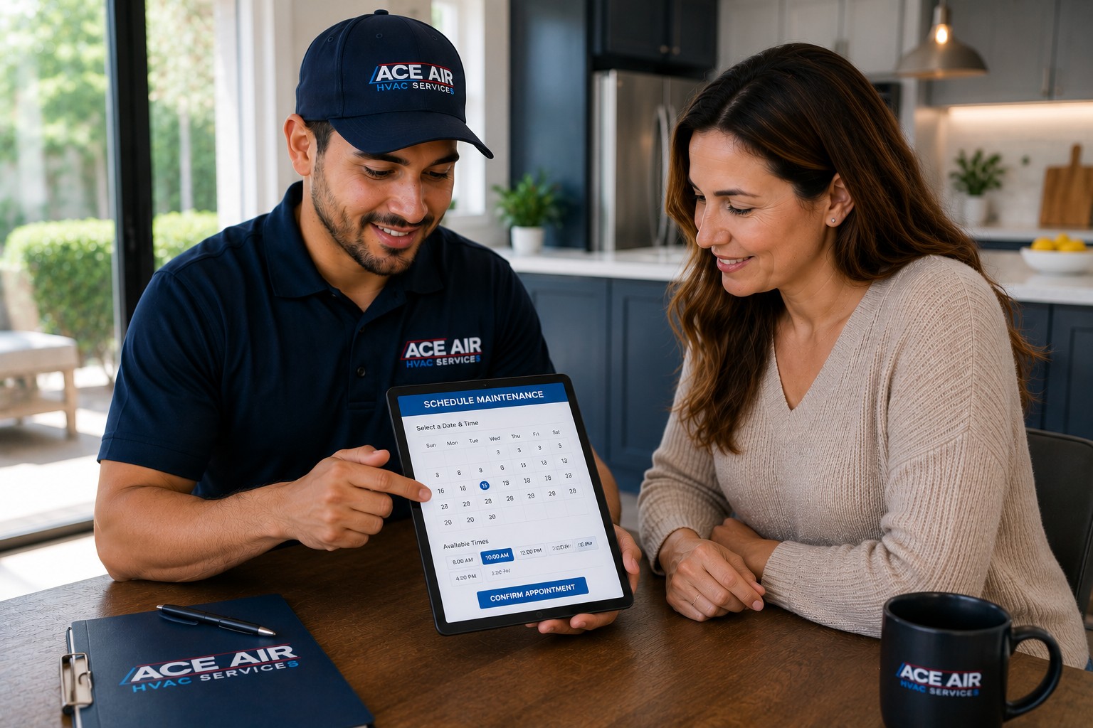 Ace Air technician reviewing AC installation goals with a homeowner before work begins