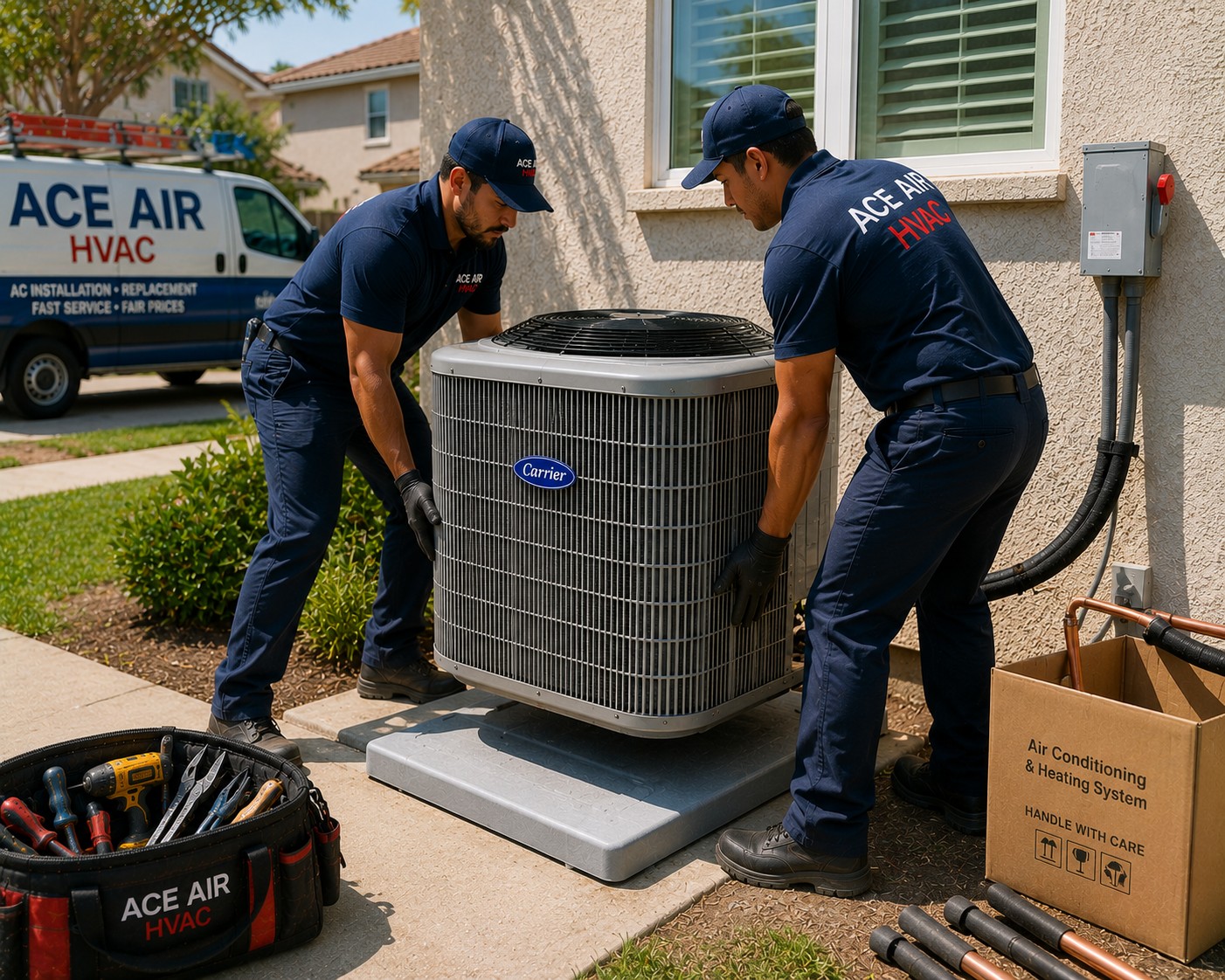 Ace Air technicians setting a new outdoor air conditioner during installation