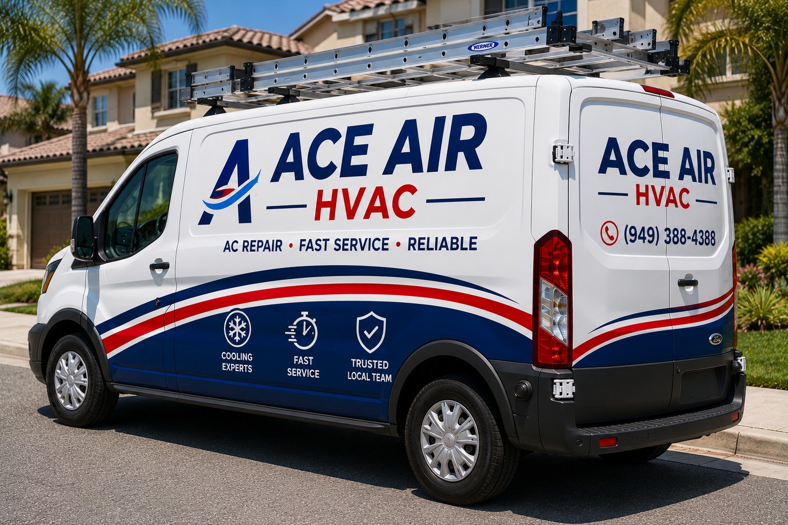 Ace Air van arriving for AC repair near a homeowner