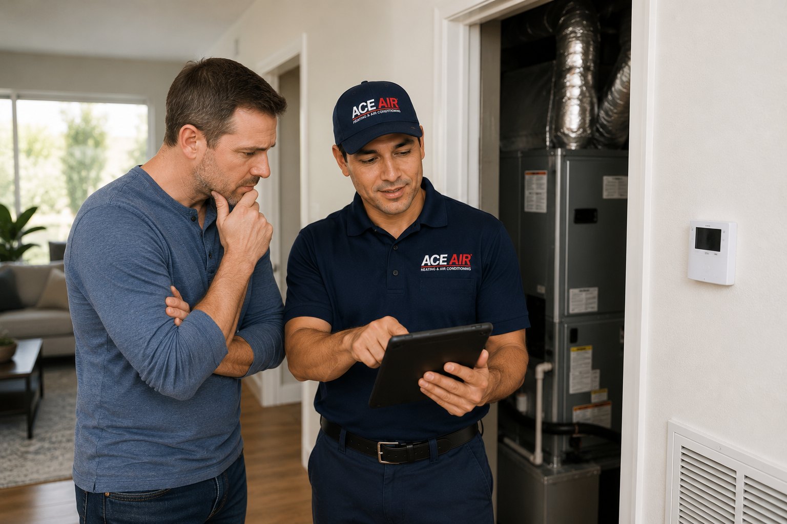 HVAC technician reviewing indoor equipment and airflow requirements before AC installation
