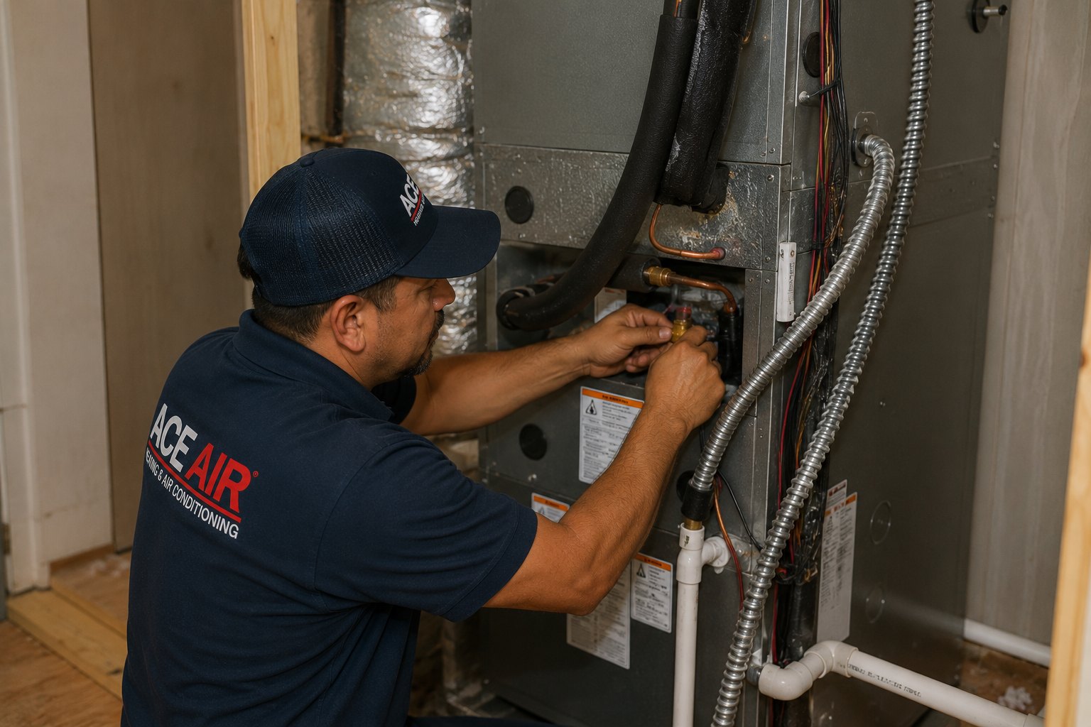 HVAC technician completing indoor equipment duct electrical and refrigerant connections