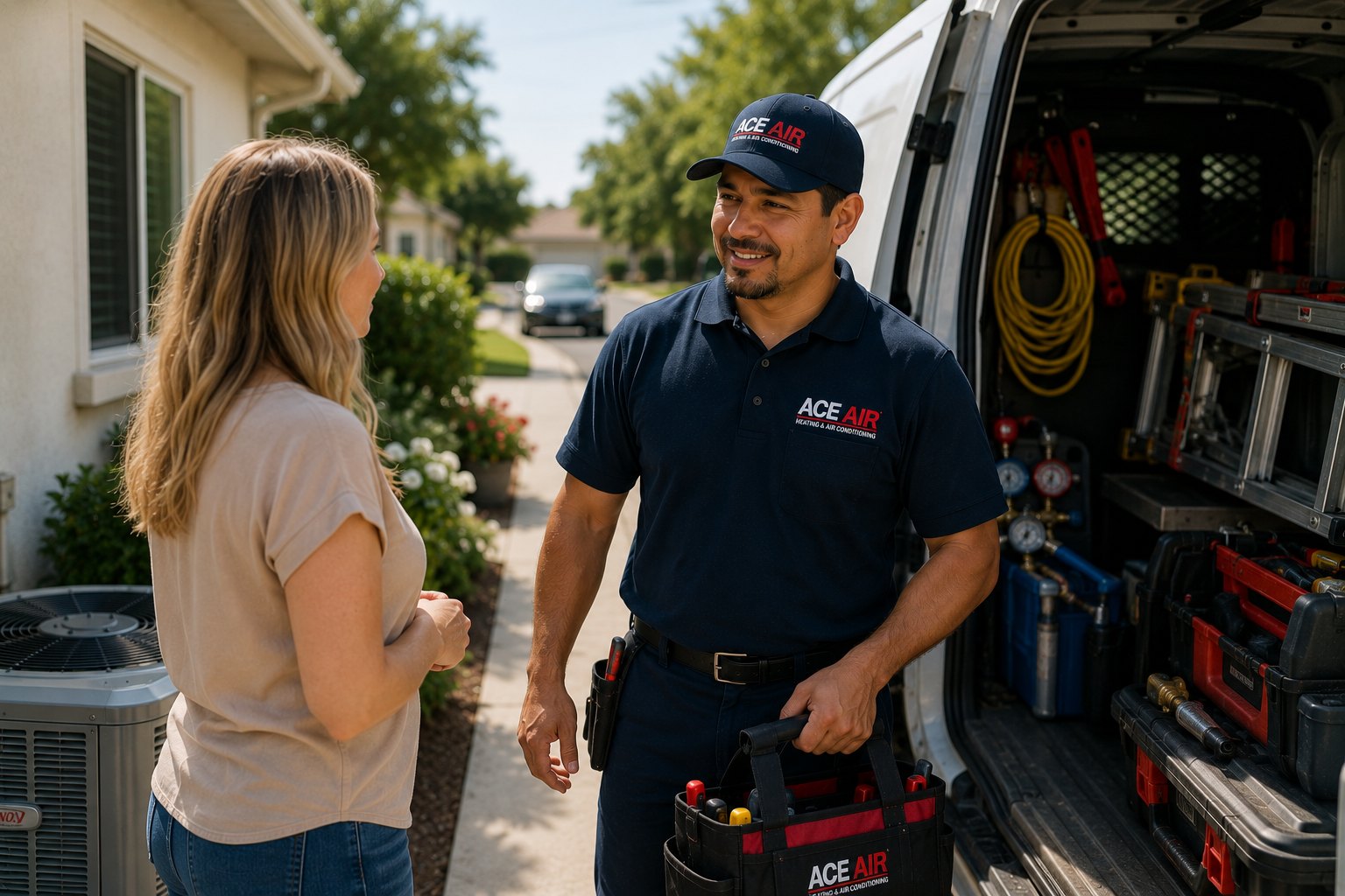 Ace Air technician speaking with homeowner near service van during local AC repair visit