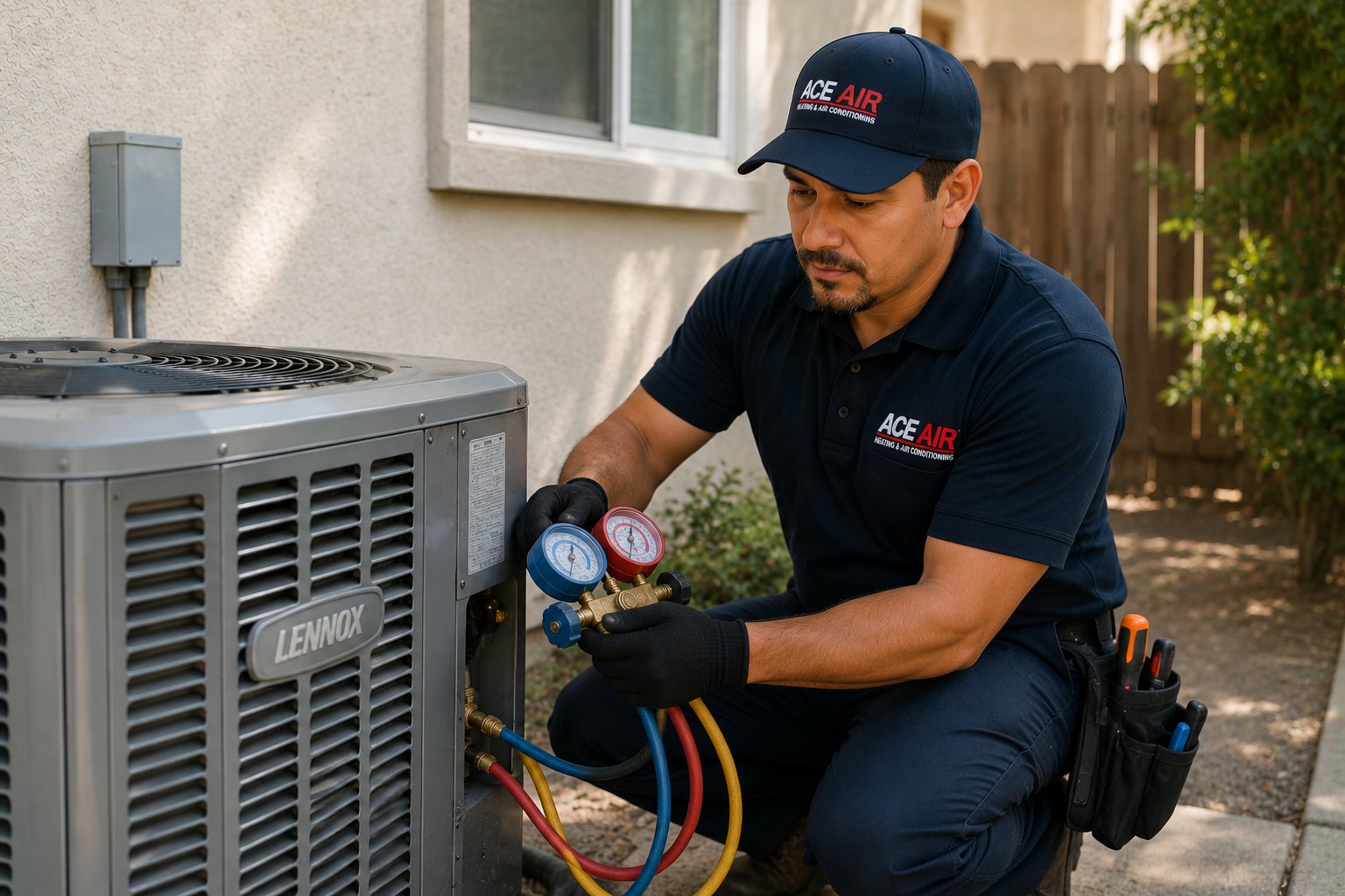 HVAC technician testing outdoor AC system with gauges after local repair service