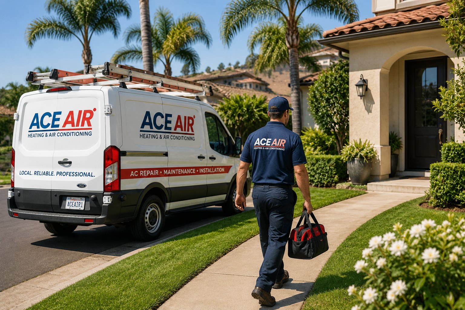 Ace Air technician arriving for local AC repair service at an Orange County home
