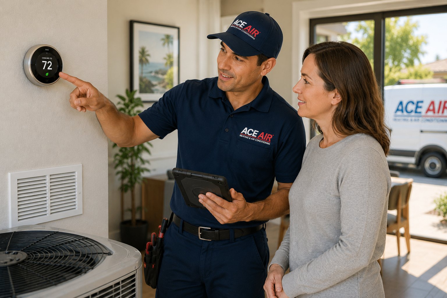Ace Air technician testing thermostat operation after AC repair while homeowner watches