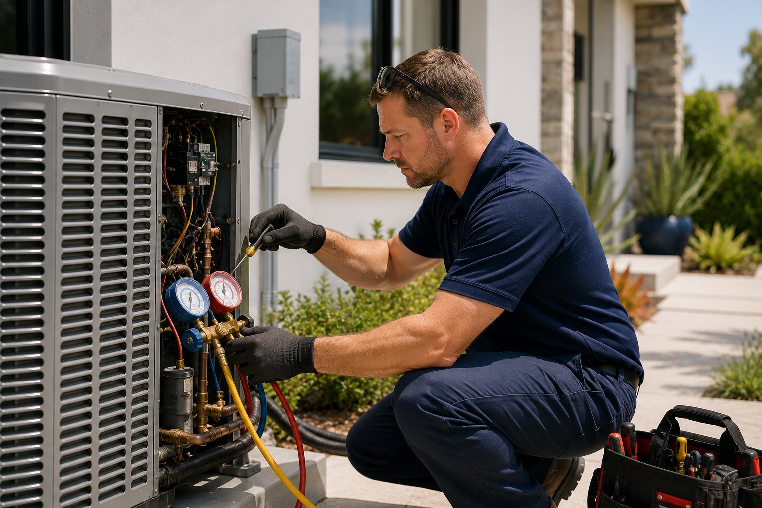 HVAC technician completing electrical and refrigerant connections on replacement AC system