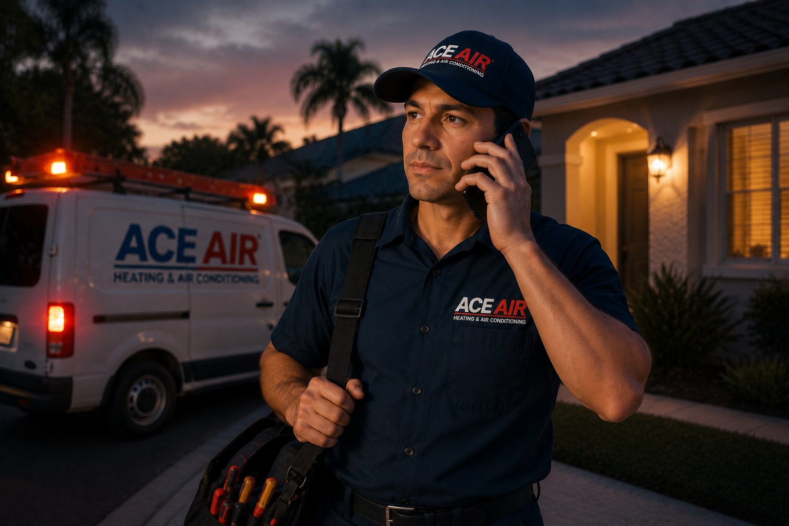 Ace Air technician taking an urgent emergency AC repair call outside an Orange County home