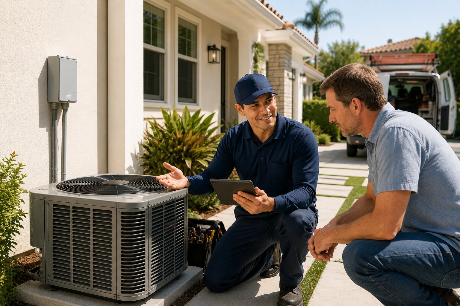 HVAC technician explaining new AC installation options to a homeowner beside outdoor equipment
