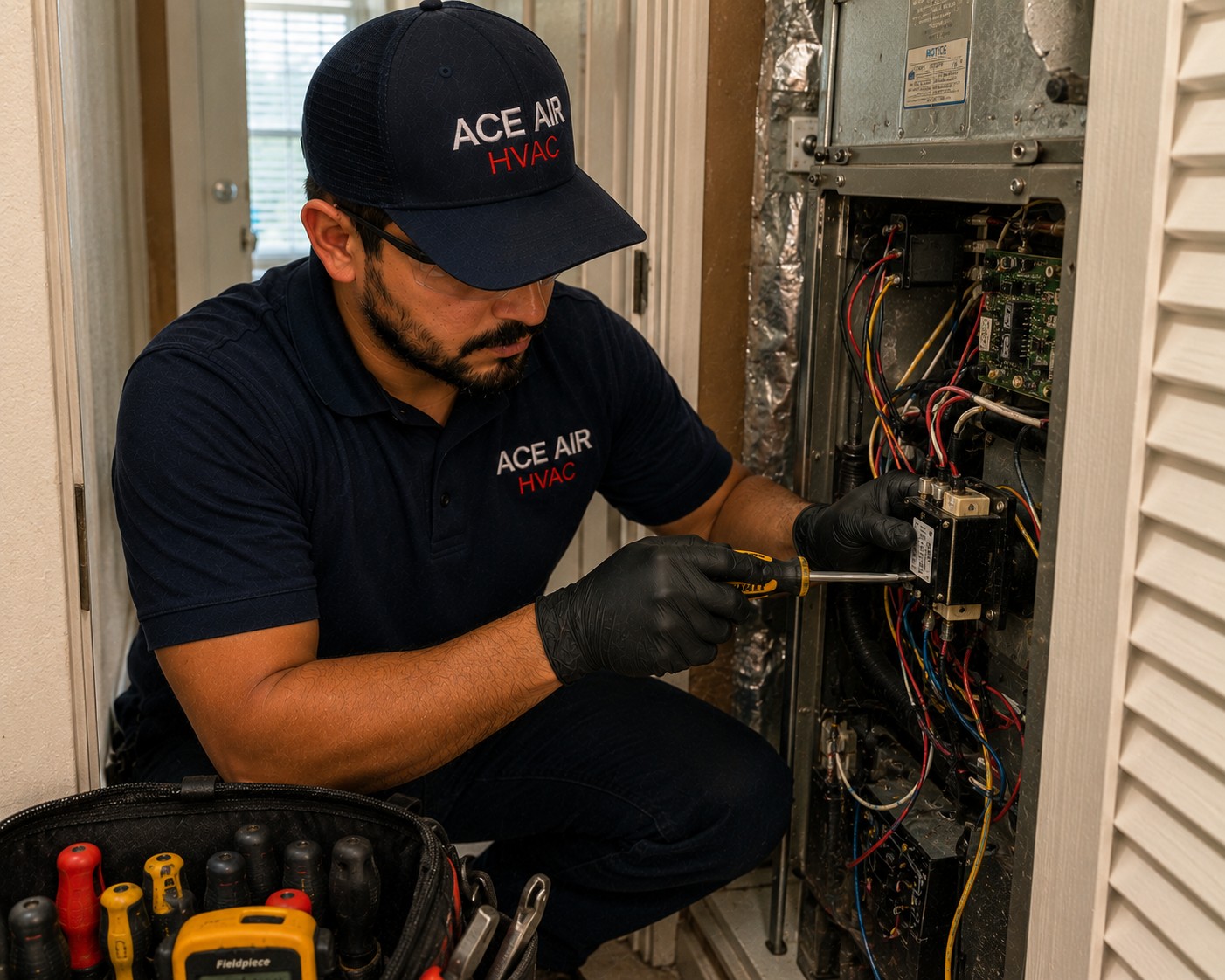 Ace Air technician diagnosing AC electrical components during repair visit